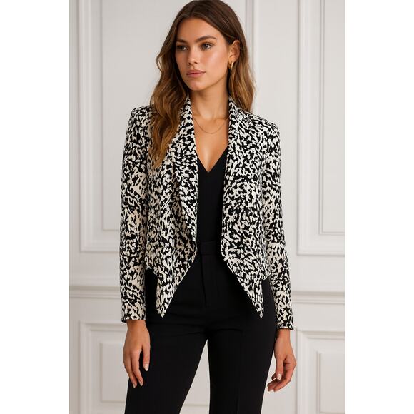 Yumi Kim Open Front Draped Silk Blazer Jacket Large BlackWhite Abstract Designer - Picture 1 of 11